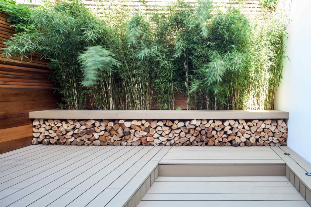 modern garden ideas: composite decking installed to create a stunning garden aesthetic. 