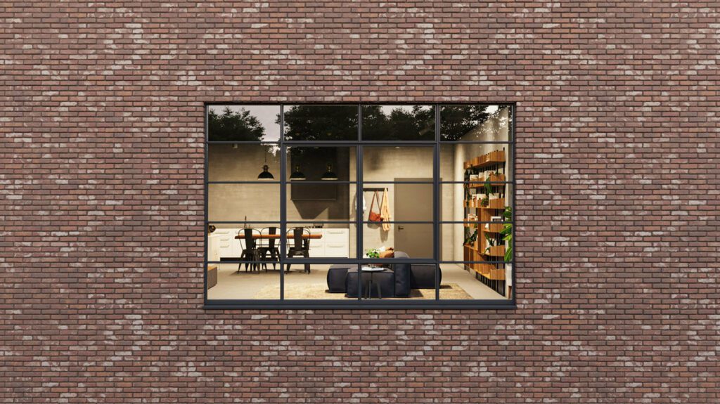 Steel-Windows | GFD Homes Industrial style windows: installed in bricked up building, zoomed in view.