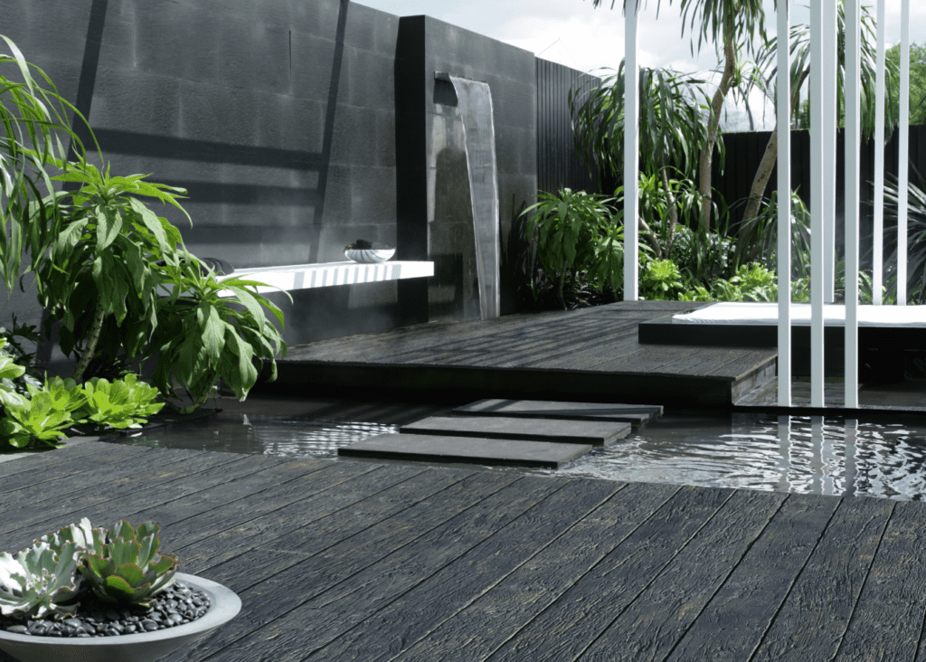 Embered-copy | GFD Homes modern garden ideas: Embered weathered oak millboard decking in a stunning setting.