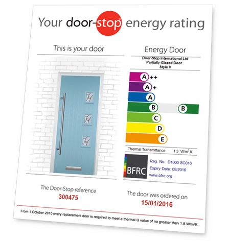 bre-4 | GFD Homes front door: Door Stop door with energy rating.