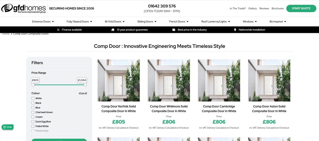 GFD Homes Product listing page showing Comp Door options with four white composite doors and prices (£805–£806) in a grid, with a left filters panel and header navigation