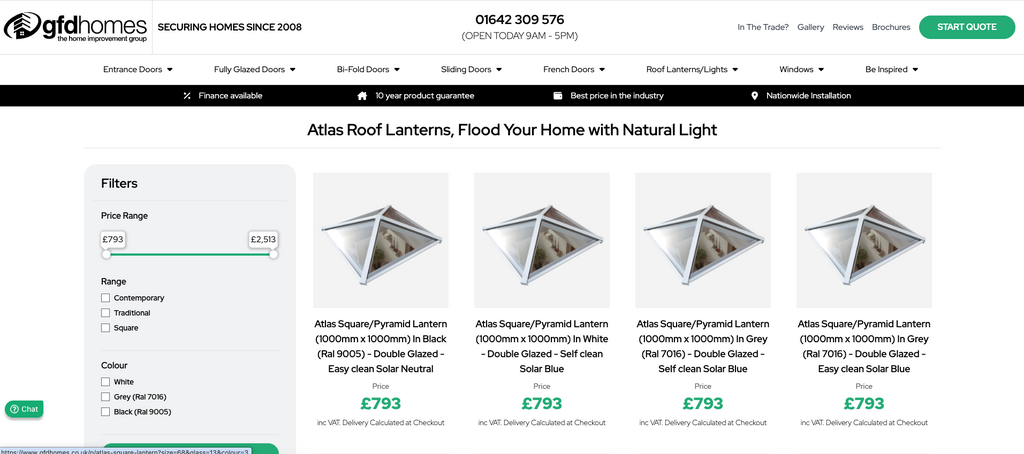 GFD Homes Product listing for Atlas Roof Lanterns; four square/pyramid lanterns displayed with £793 price each on a white background, left filter panel visible.