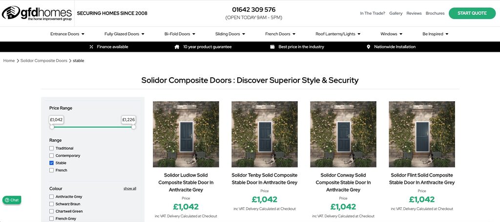 GFD Homes Product grid of four Solidor composite doors set in a stone façade, each with a blue door and price £1,042; left sidebar shows price range slider and filter options (Traditional, Contemporary, Stable, French).