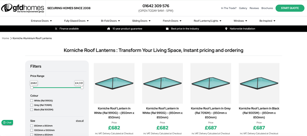 Product listing page for Korniche Roof Lanterns showing four items with turquoise glass roofs and a left filters panel on desktop.