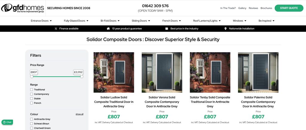 Filters panel with price range slider and color options on an online door showroom page