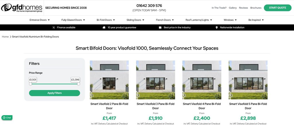 GFD Homes Product listing page for Visofold bi-fold doors, showing four door models with outdoor patio images and prices in GBP