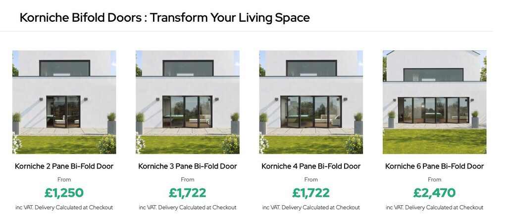 GFD Homes Grid of four Korniche bifold door product tiles on a white house, showing 2-, 3-, 4-, and 6-pane models with prices from £1,250 to £2,470 (inc. VAT).