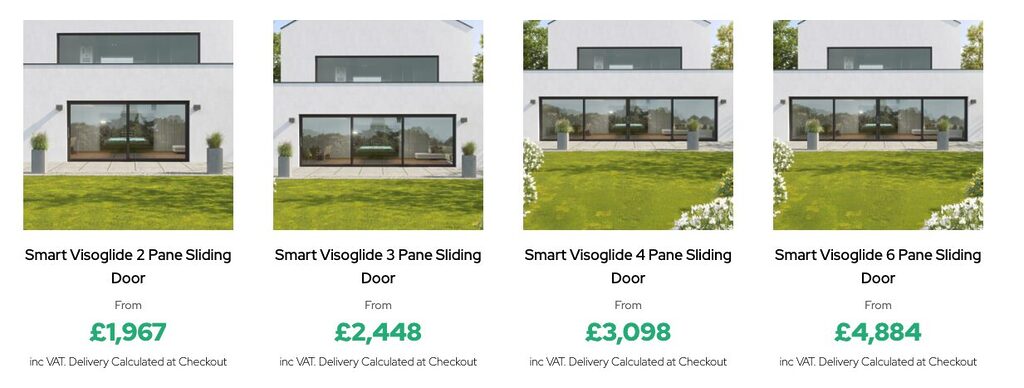 GFD Homes Smart Visoglide 2‑pane sliding door on a white house with a green lawn; price from £1,967 incl. VAT