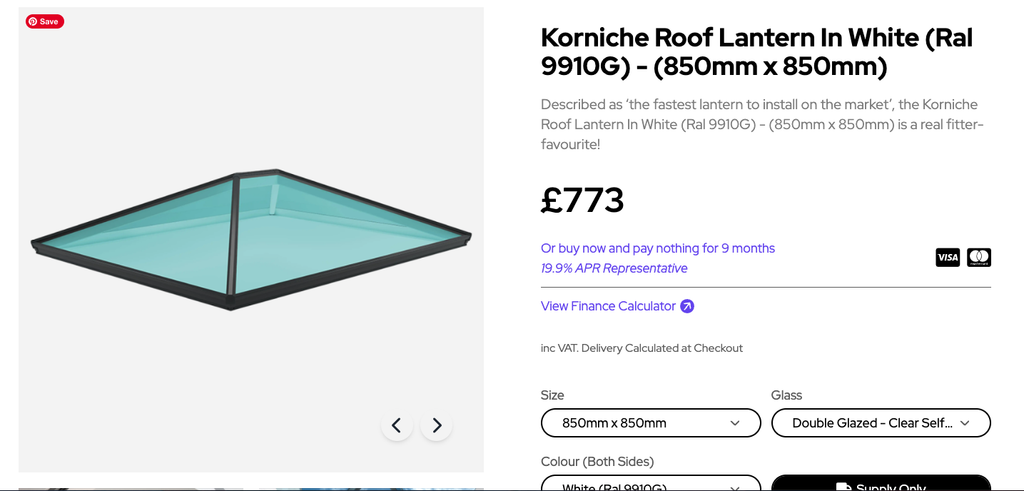 Screenshot 2026-10-21 at 164331 | GFD Homes GFD Homes 3D rendering of a square teal-tinted glass roof lantern with a black frame on a light gray background, with a small red Save badge in the corner