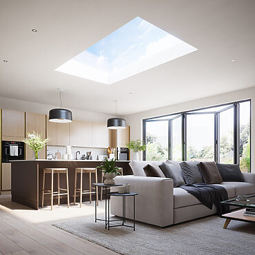 korniche: flat glass roof light installed as part of kitchen extension.