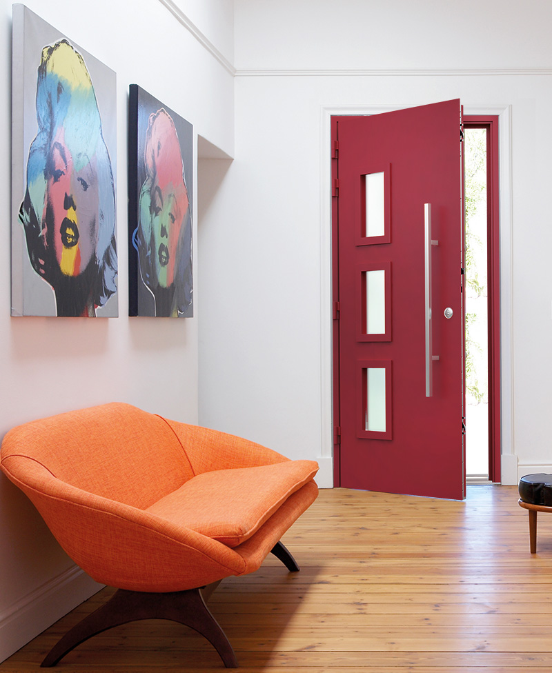 Winchester-CWD014 | GFD Homes Front Door Replacement : looking at a smart designer door from the inside of a house