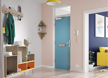 A contemporary front door designed to enhance kerb appeal, featuring bold colour, architectural hardware and high-performance materials.
