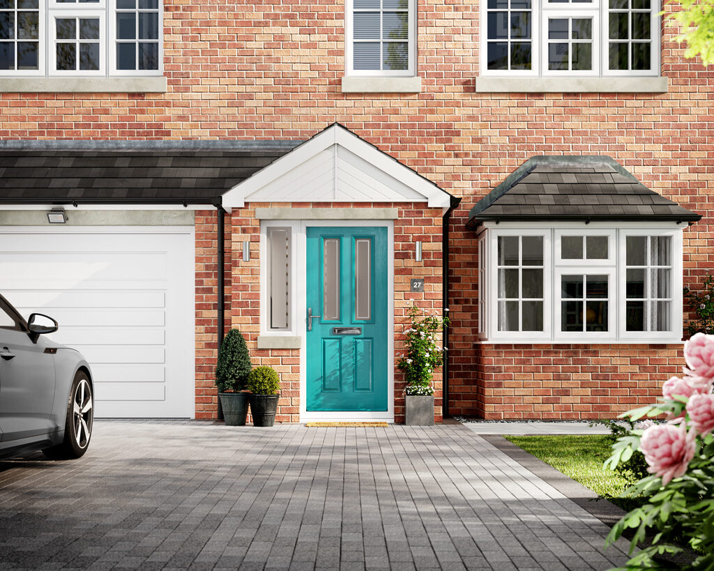 3 2 panel 2 square Turquoise Blue v2 FLAT | GFD Homes ultion lock: Door Stop composite door on a home with white windows.