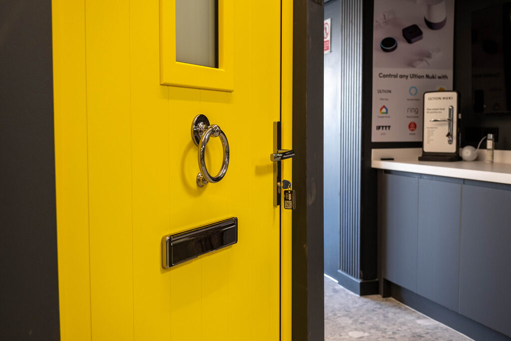 front door furniture: smart signature broadfield door in zinc yellow with knocker and letterplate 