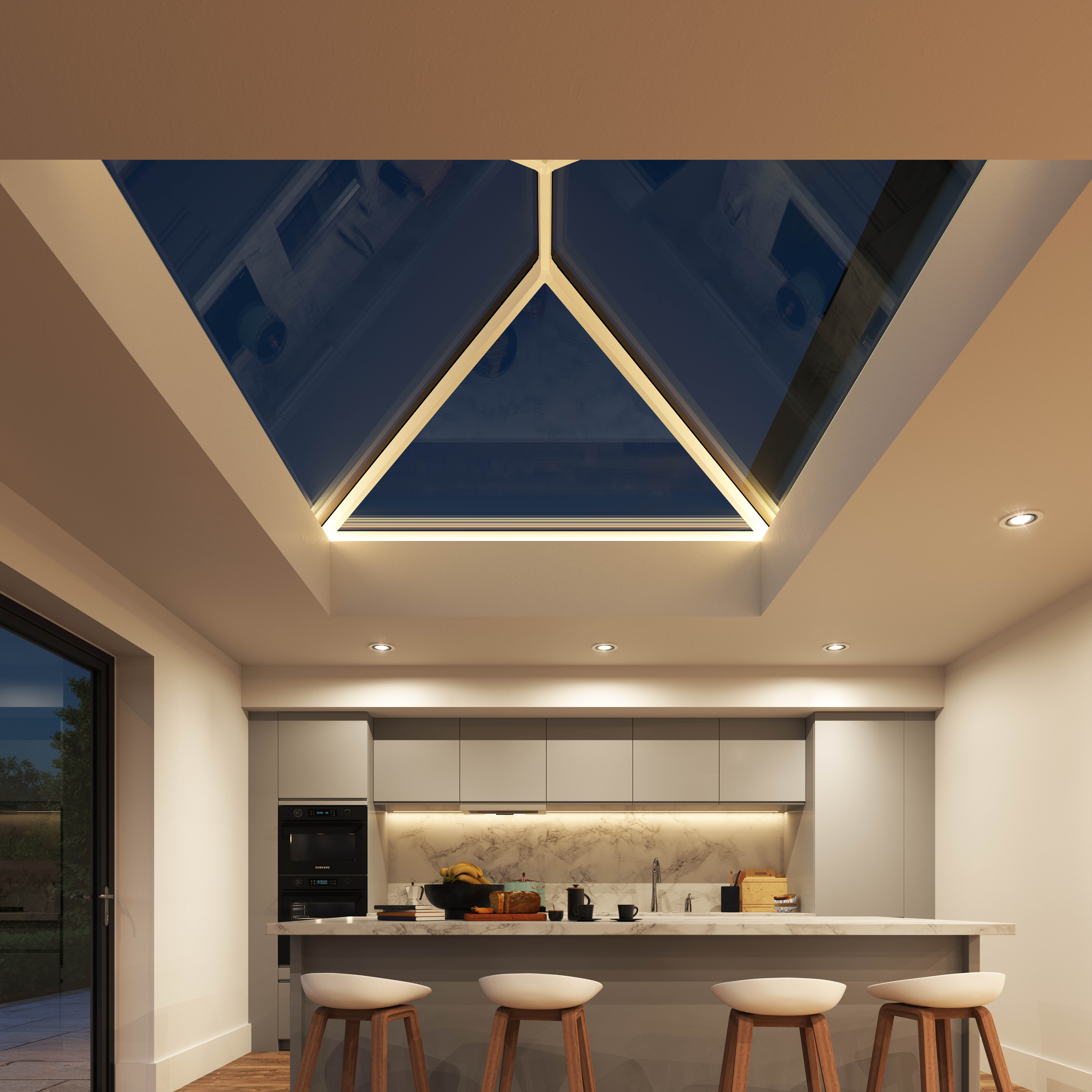 A slim-framed roof lantern from GFD Homes flooding the room with natural light.