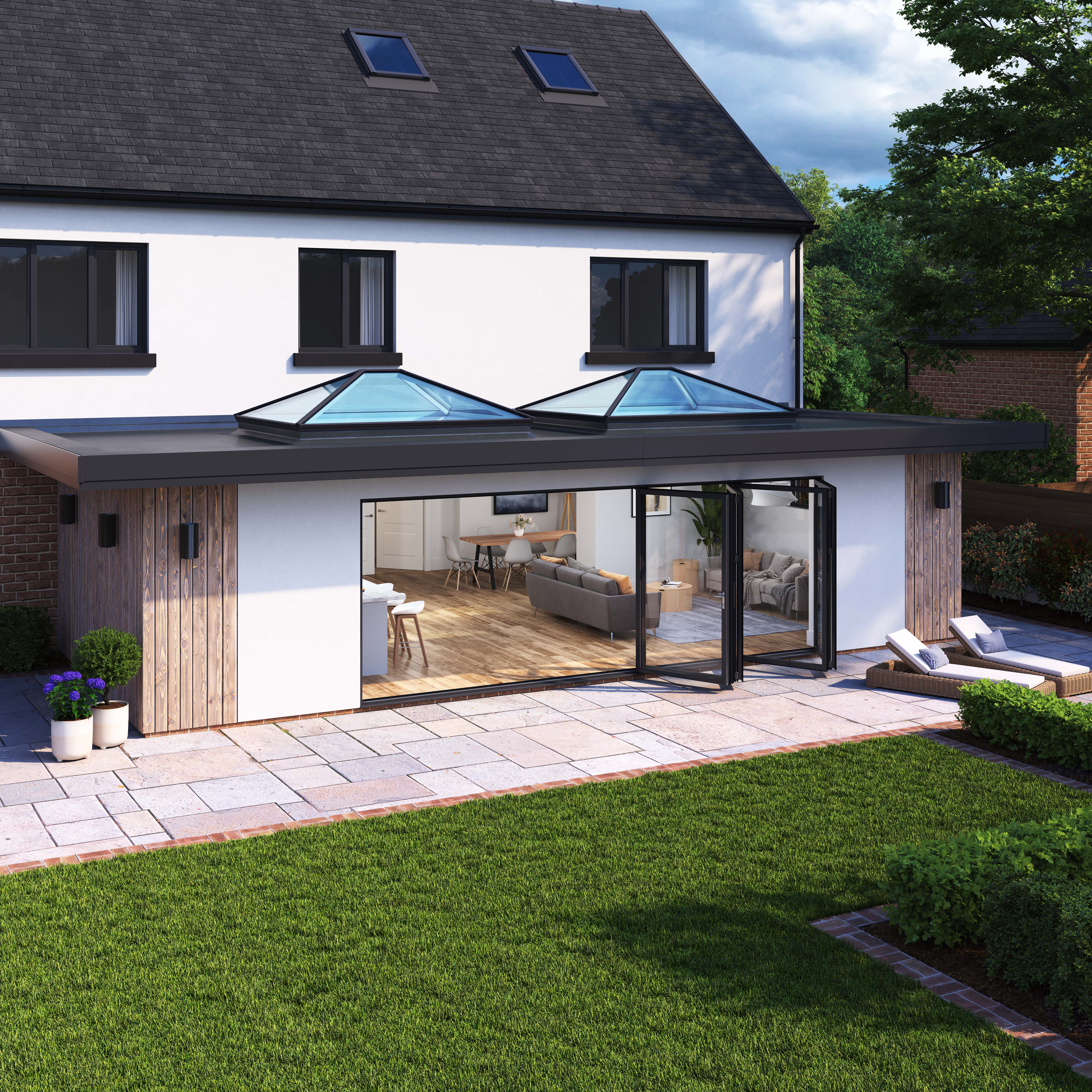 GFD Homes Korniche aluminium bifold doors and roof lanterns transforming a bright, open living space