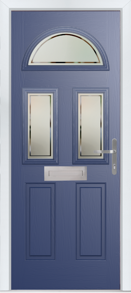 GFD Homes Blue front door with a semicircular top window, two narrow vertical glass panels, a mail slot, and a silver handle.