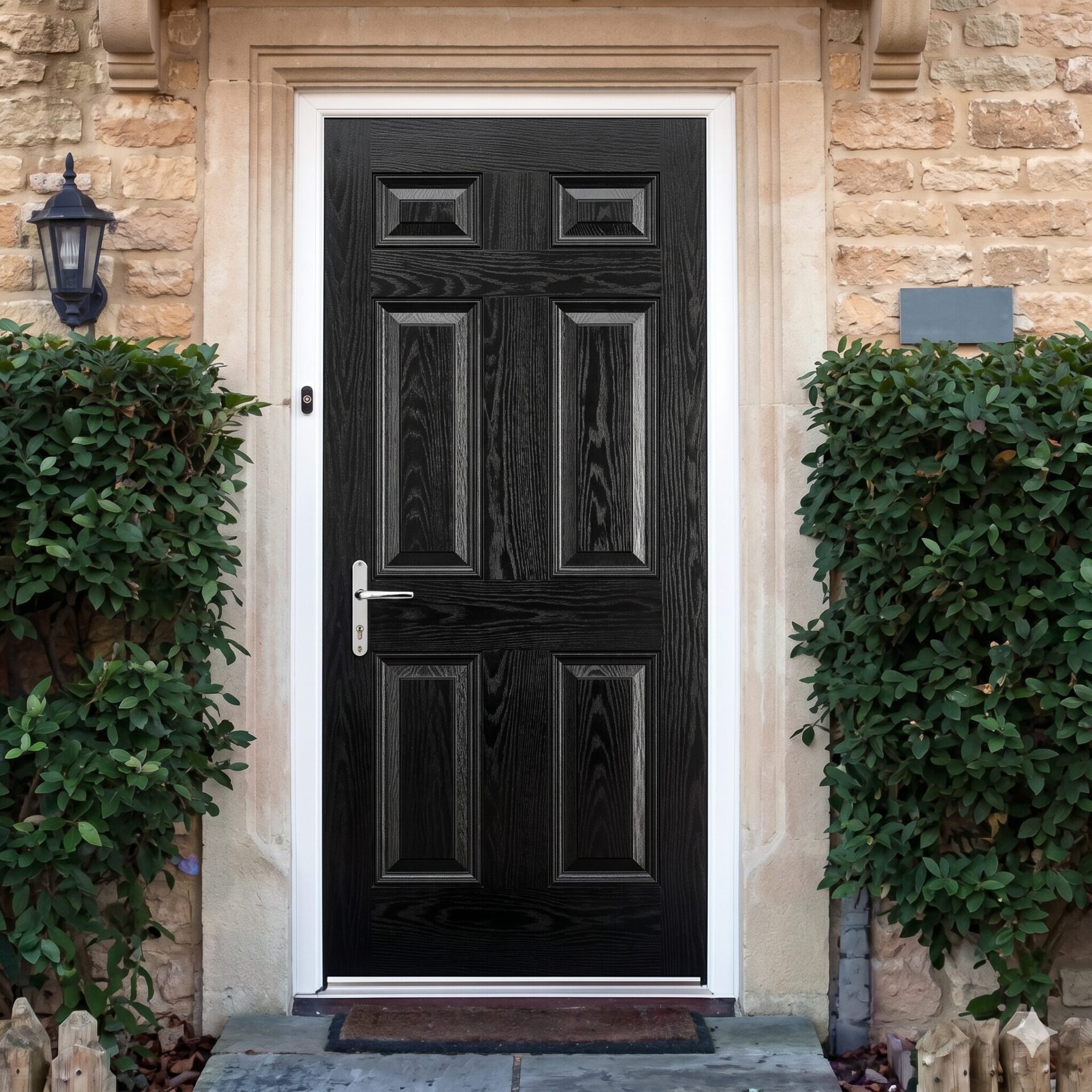 GFD Homes Black front door with decorative panels set in a light stone surround, framed by green shrubs and a lantern to the left.