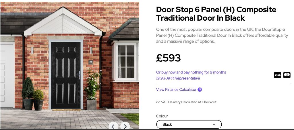 GFD Homes Black six-panel traditional composite front door on a red brick house with white trim and potted plants beside the entrance, showing the product in context.