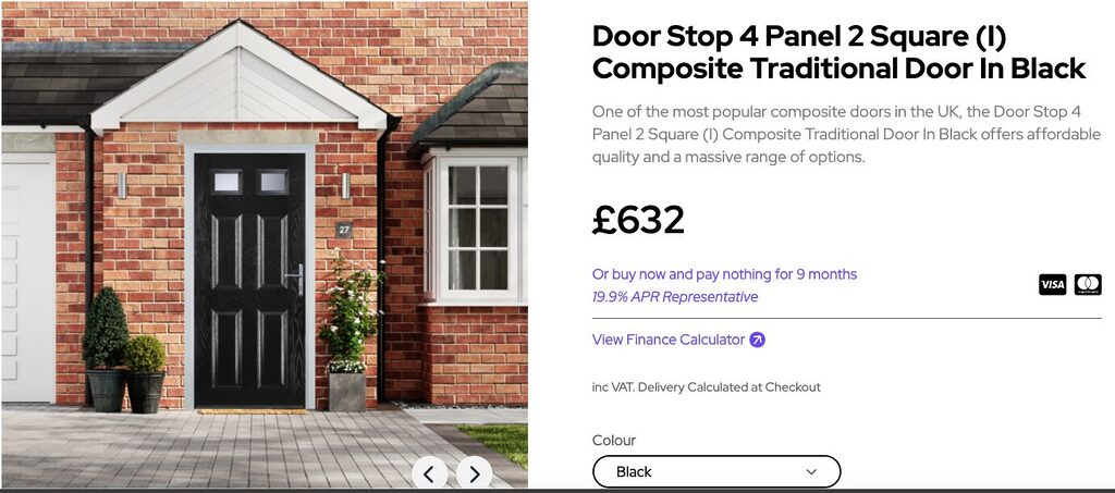 GFD Homes Split-image product page: left shows a brick house with a black front door; right panel displays the product title 'Door Stop 4 Panel 2 Square (I) Composite Traditional Door In Black' with price £632 and financing text.