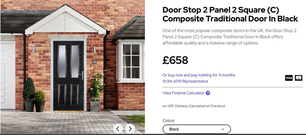 Screenshot 2026-05-14 at 113936 | GFD Homes GFD Homes Front view of a brick house with a black composite traditional door, flanked by potted plants and a window, shown for product pricing (£658).