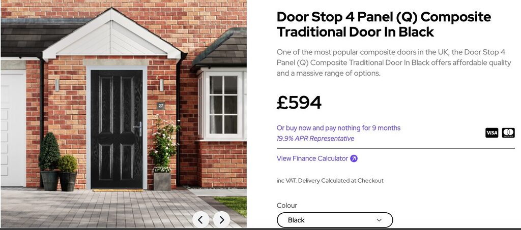 Screenshot 2026-05-14 at 114033 | GFD Homes GFD Homes Front view of a brick house entry featuring a black four‑panel composite door with white trim and potted plants nearby.