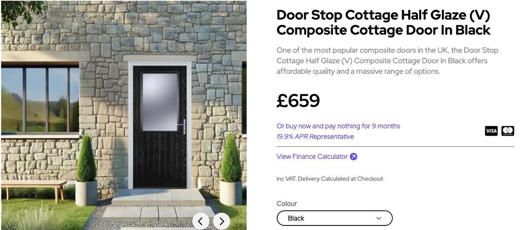 GFD Homes Stone cottage facade with a black front door and potted shrubs; product panel shows £659 and door details.
