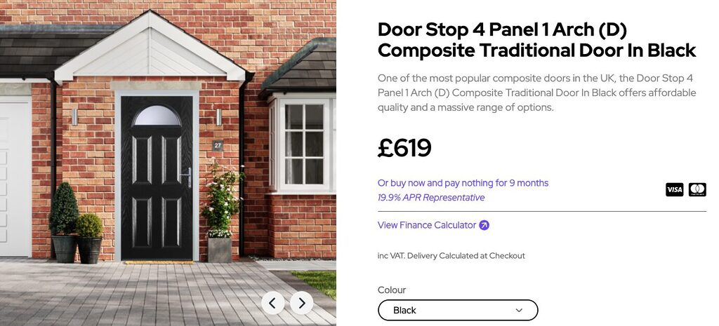 Screenshot 2026-05-14 at 120248 | GFD Homes GFD Homes Front view of a black 4-panel composite traditional door set in a brick house façade (left); product name and £619 price appear on the right side of the image.