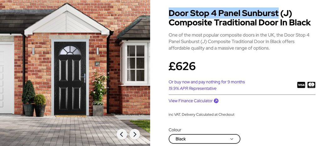 Screenshot 2026-05-14 at 120617 | GFD Homes GFD Homes Front of a brick house with a black four-panel sunburst door, plants beside it; product page on the right shows price £626 and door details in black text on white.