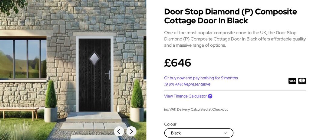 GFD Homes Split image: left side shows a stone cottage exterior with a black front door, stone steps and potted evergreens; right side displays the product page with title Door Stop Diamond (P) Composite Cottage Door In Black, price £646, color option set to Black, and a color dropdown.