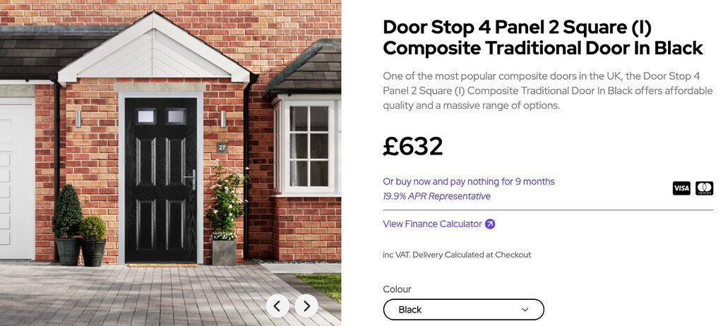 Screenshot 2026-05-14 at 124550 | GFD Homes GFD Homes Exterior view of a brick house with a black composite front door; product name and price (£632) shown on the right side of the image.