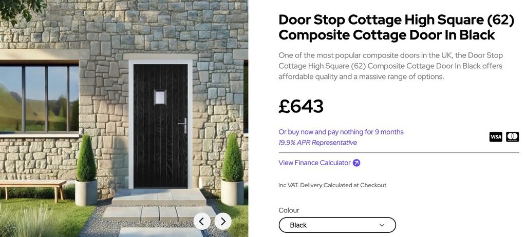 Screenshot 2026-05-14 at 125714 | GFD Homes GFD Homes Exterior of a stone-clad cottage with a tall black front door and two potted evergreen shrubs beside a window?
