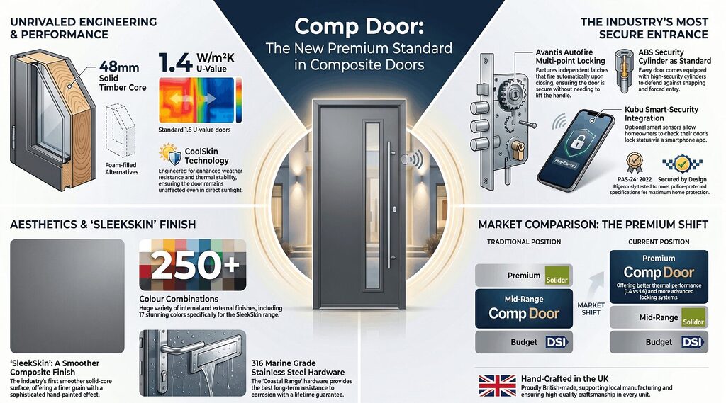 Blog 1 infographic 1 | GFD Homes GFD Homes Infographic about Comp Door: premium composite door with timber core, security features, and finishes.