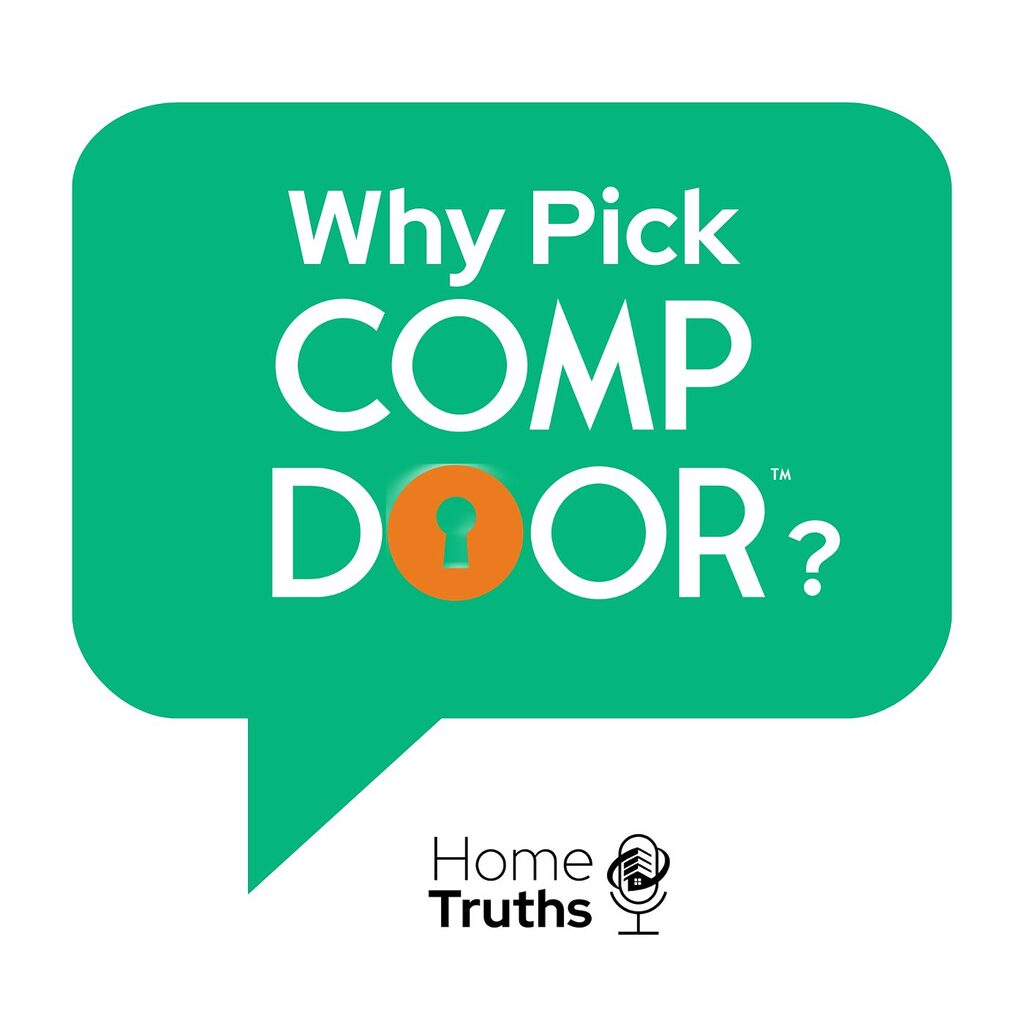 Blog 15 | GFD Homes GFD Homes Green speech-bubble logo with bold white text:'Why Pick COMP DOOR?' and an orange keyhole in the second 'O', beneath 'Home Truths' branding and a microphone icon.