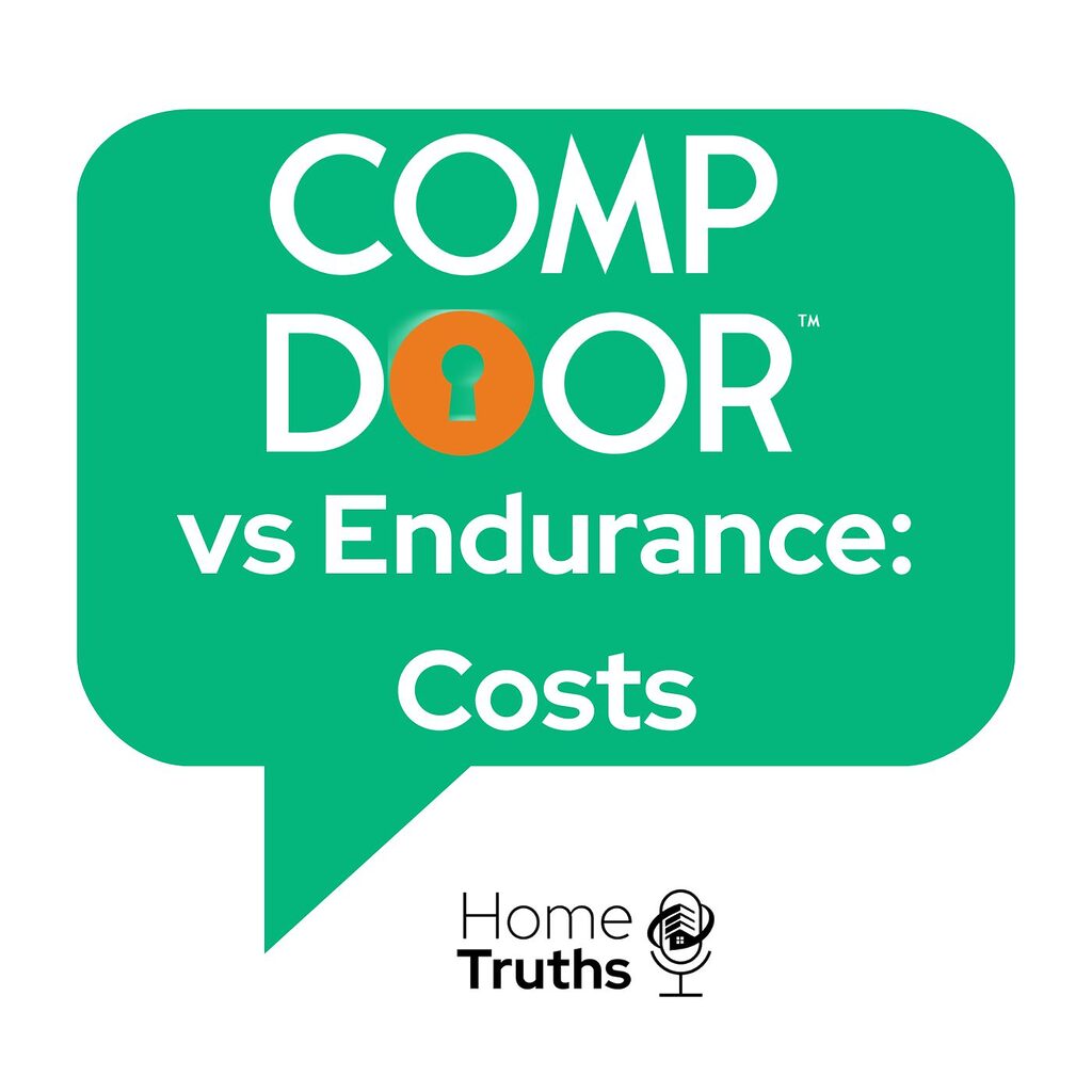 GFD Homes Green speech-bubble infographic titled 'COMP DOOR vs Endurance: Costs' with Home Truths logo at bottom.