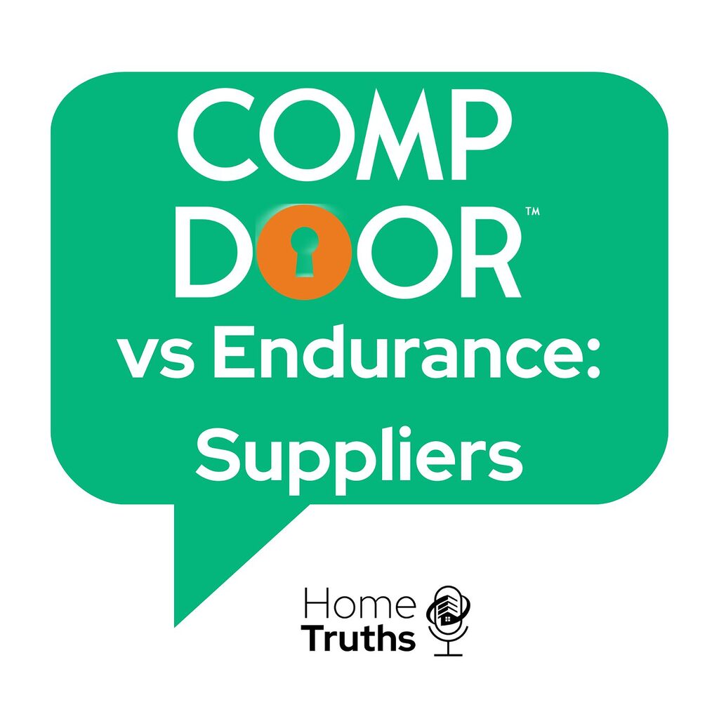 GFD Homes Green speech-bubble graphic with white text: 'COMP DOOR vs Endurance: Suppliers' and the Home Truths logo.