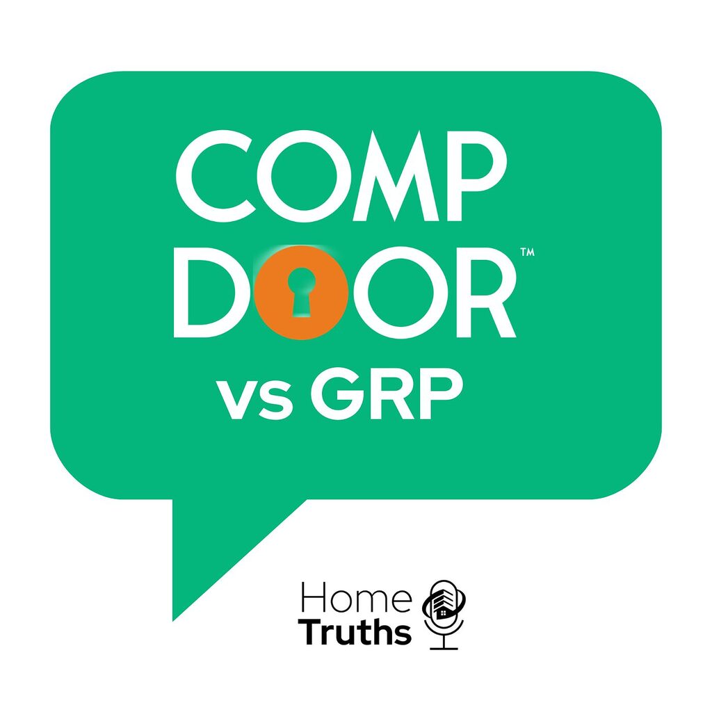 GFD Homes Green speech-bubble logo with bold white text 'COMP DOOR vs GRP' and an orange keyhole in the word DOOR; 'Home Truths' podcast branding beneath.