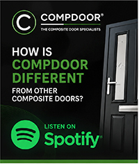 GFD Homes Advertisement for CompoDoor composite doors: black poster with a door on the right, green and white text asking 'How is CompoDoor different from other composite doors?', and a Spotify 'Listen on Spotify' badge.