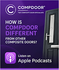 GFD Homes Promotional banner for Compdoor podcast episode: 'How is Compdoor different from other composite doors?' with Apple Podcasts logo.
