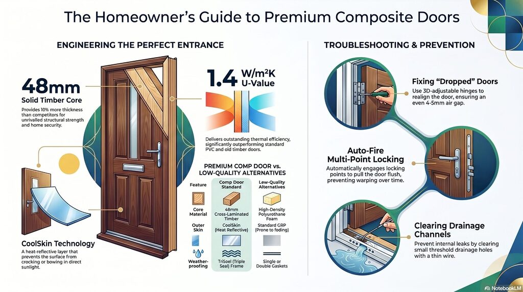 blog 10 infographic | GFD Homes GFD Homes Infographic about premium composite doors showing a large front door, core materials, U-value, and hardware features.
