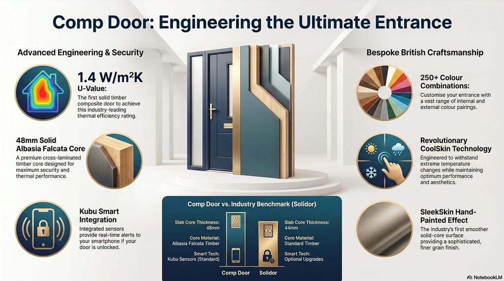 blog 11 infographic | GFD Homes GFD Homes Infographic about Comp Door features: energy efficiency, security, craftsmanship, and color customization around a central doorway.