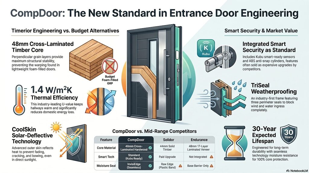 GFD Homes Infographic preview of CompDoor features: timber core, security, weatherproofing, and lifespan benefits at a door engineering standard.