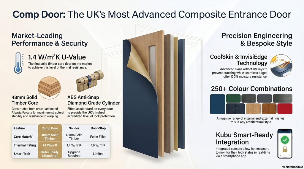 blog 14 infographic | GFD Homes GFD Homes Infographic about Comp Door: UK's advanced composite entrance door with layers, materials, and color options explained into features like timber core, lock protection, and UV-resistant edges.