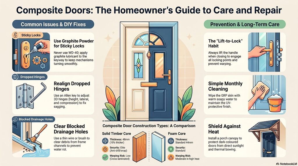 blog 15 infographic | GFD Homes GFD Homes Infographic about composite doors with tips for care: common issues, fixes, and prevention for homeowners, centered on a front door illustration.