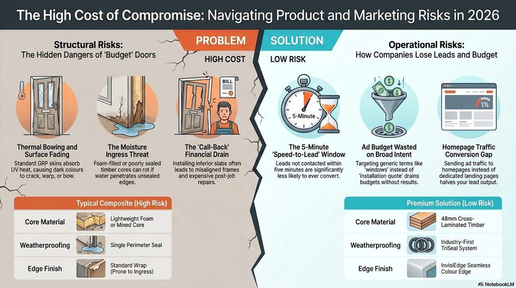 blog 16 infographic | GFD Homes GFD Homes Infographic showing structural risks on the left and solution-focused risks on the right, labeled Problem and Solution.