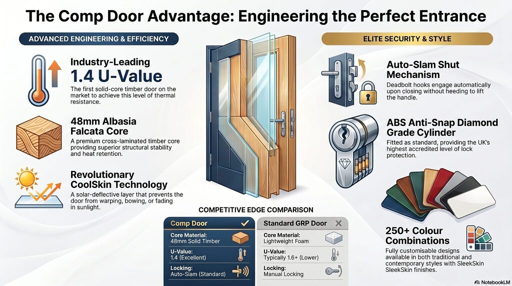 blog 17 infographic | GFD Homes GFD Homes Infographic comparing a composite timber door's features: high thermal resistance, security, and customization options inside a bright layout.