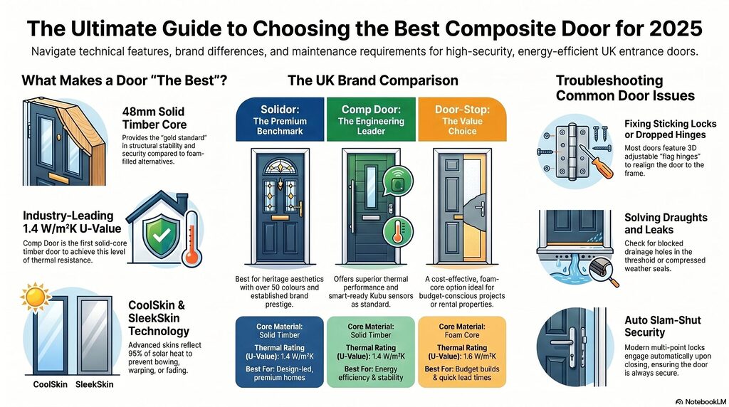 blog 18 infographic | GFD Homes GFD Homes Infographic titled The Ultimate Guide to Choosing the Best Composite Door for 2025, with door features, brand comparison, and common issues illustrated.