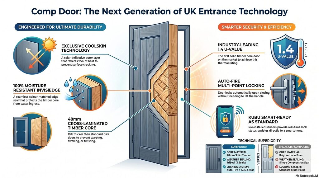 blog 19 infographic | GFD Homes GFD Homes Infographic about Comp Door's advanced features: durability, security, smart tech for a timber-core entrance door as shown in the diagram.