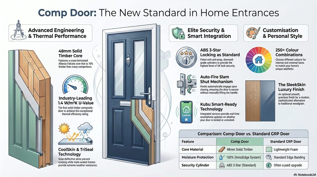 GFD Homes Infographic about Comp Door features for home entrances, centered on a door with labels for security, customization, and materials.