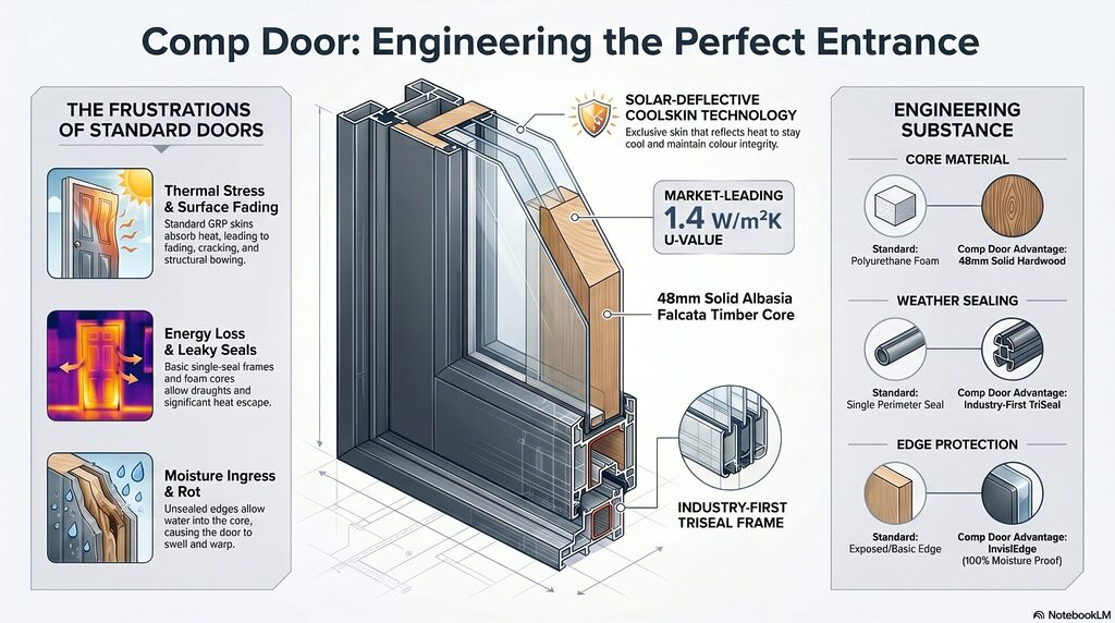 GFD Homes Cross‑section diagram of a reinforced composite door showing inner layers, timber core, and insulation, with labels about core material and thermal performance.